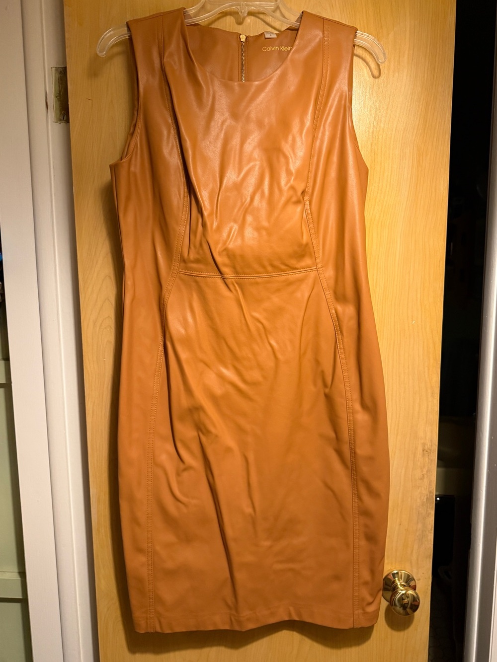 Calvin Klein Faux Leather Midi Sheath Dress in Caramel Tan